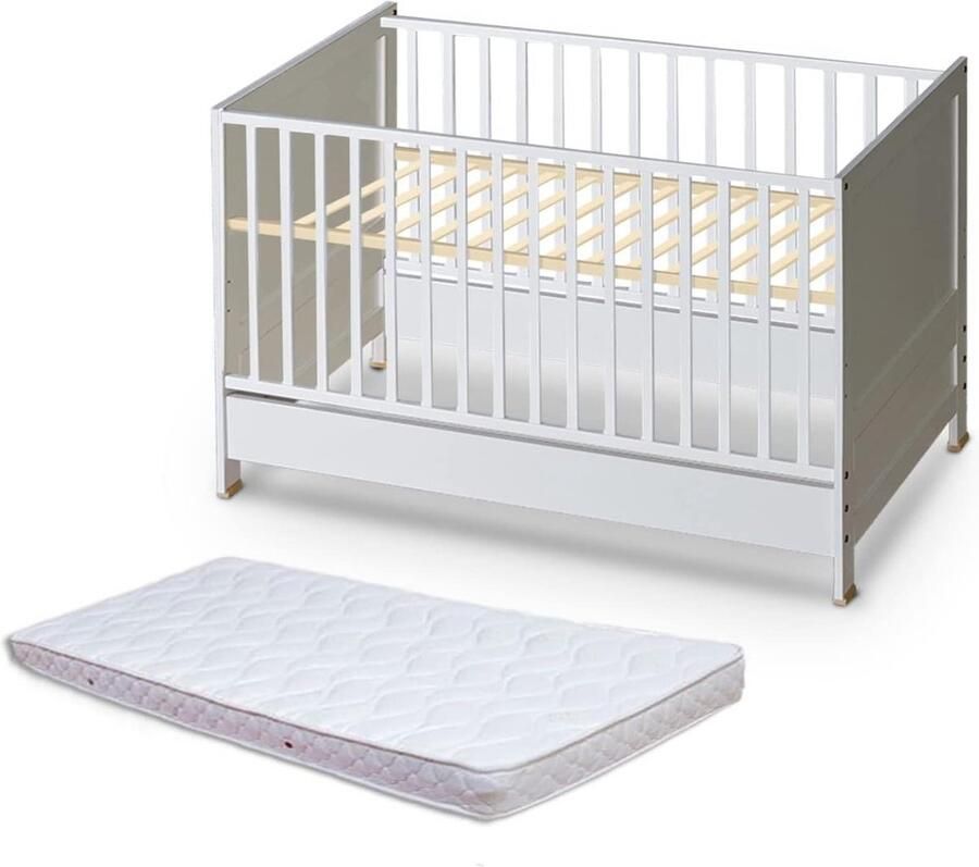 Babybed met matras en matrasbeschermer bijzetbed voor baby houten meegroeibed 140 x 70 cm wit vier matrashoogteniveaus Kinderbed