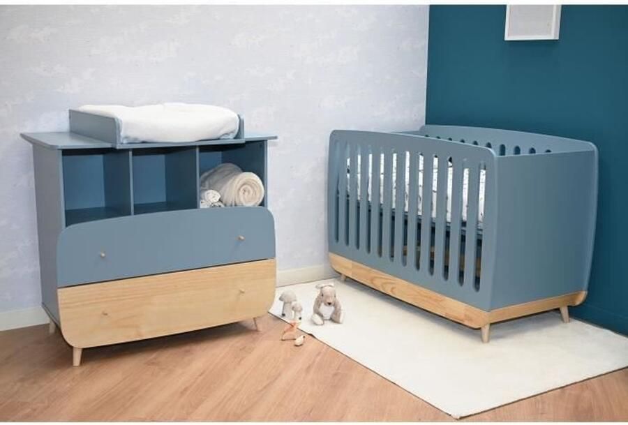 Babybedset 60 x 120 ladekast 2 laden + 3 nissen en 1 commode FIRMIANA Scandinavisch Stormblauw hout DEMEYERE