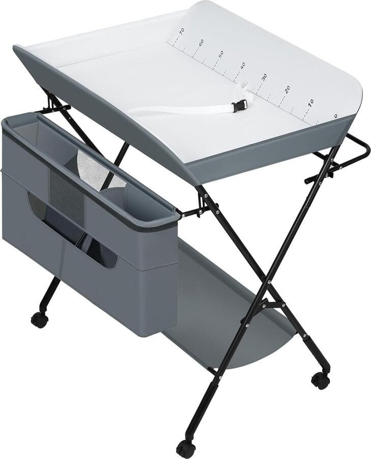 Babyverschoontafel opvouwbare babyverschoontafel met wielen in hoogte verstelbaar draagbaar babyverschoonstation met zijmand opbergplank kledingstang Oxford-stof grijs WT013gr