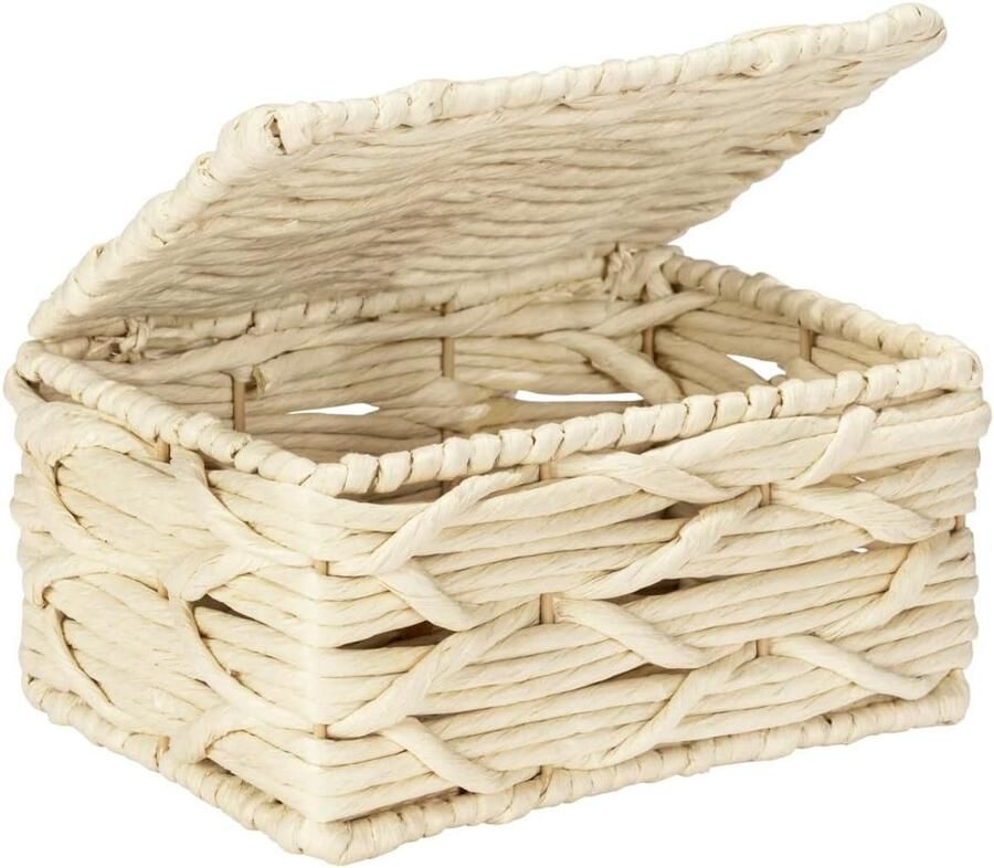 Badkamer opbergmand van papiergaas met deksel 19 x 10 x 14 cm Boho-stijl Beige