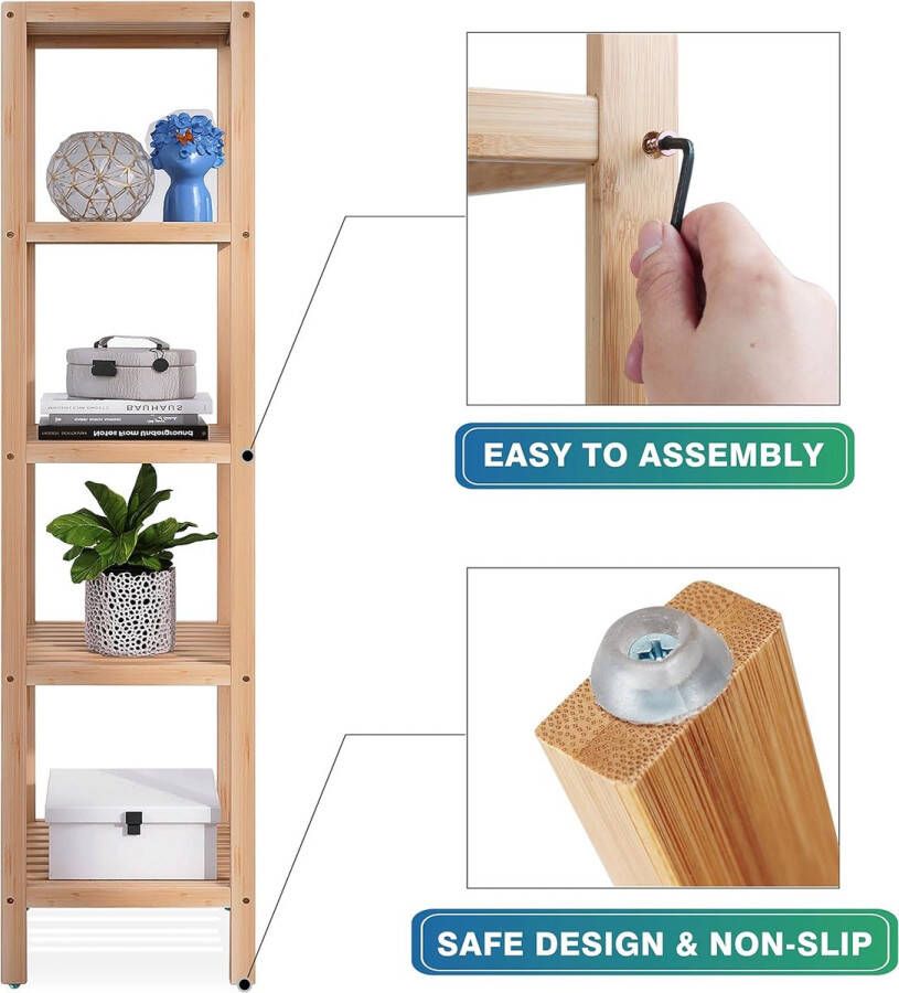 Badkamer Opbergrek 5 Tier Bamboe Plankorganisator Multifunctionele Plank voor Woonkamer Slaapkamer Keuken (Natuurlijk)