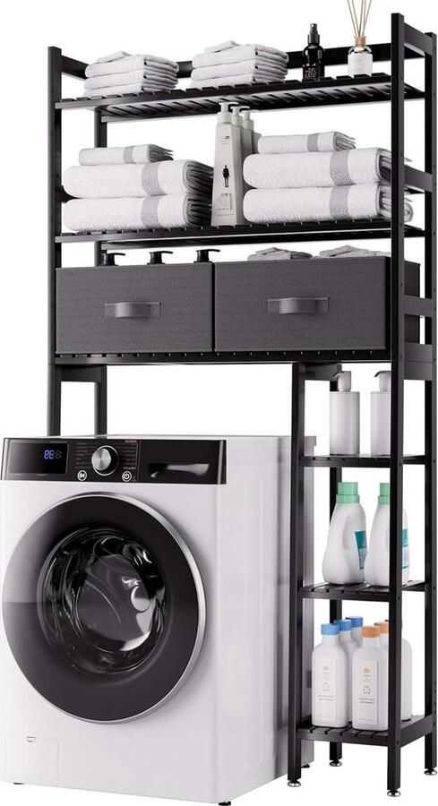 Badkamer Opbergrek met Lade Vrijstaande Ruimtebespaarder Bamboe Zwart opbergrek