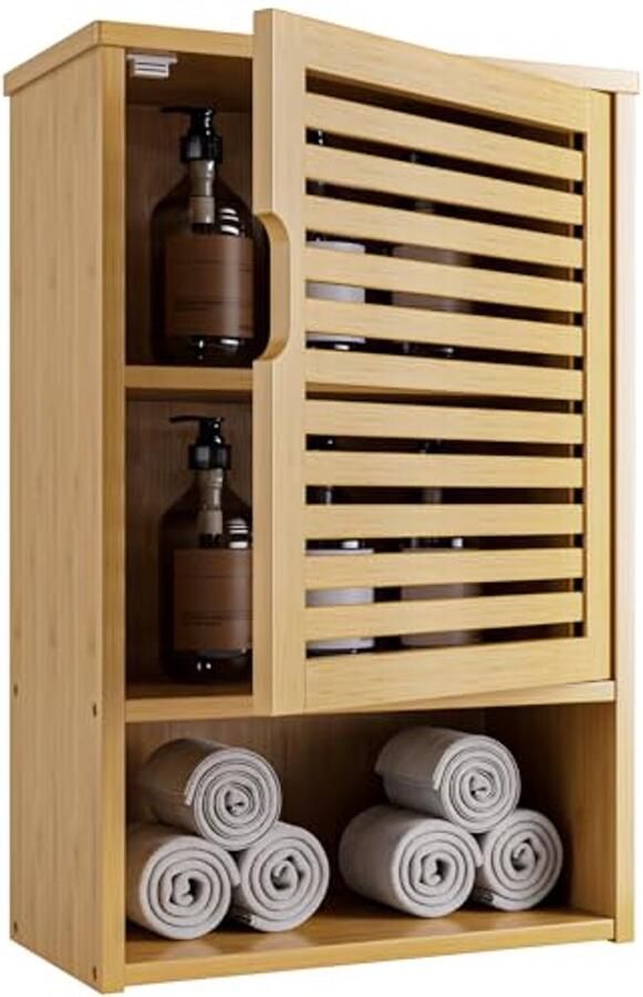Badkamer Wandkastje van Bamboe met Enkele Deur en Verstelbare Plank Ruimtebesparende Hangende Opberg Organizer