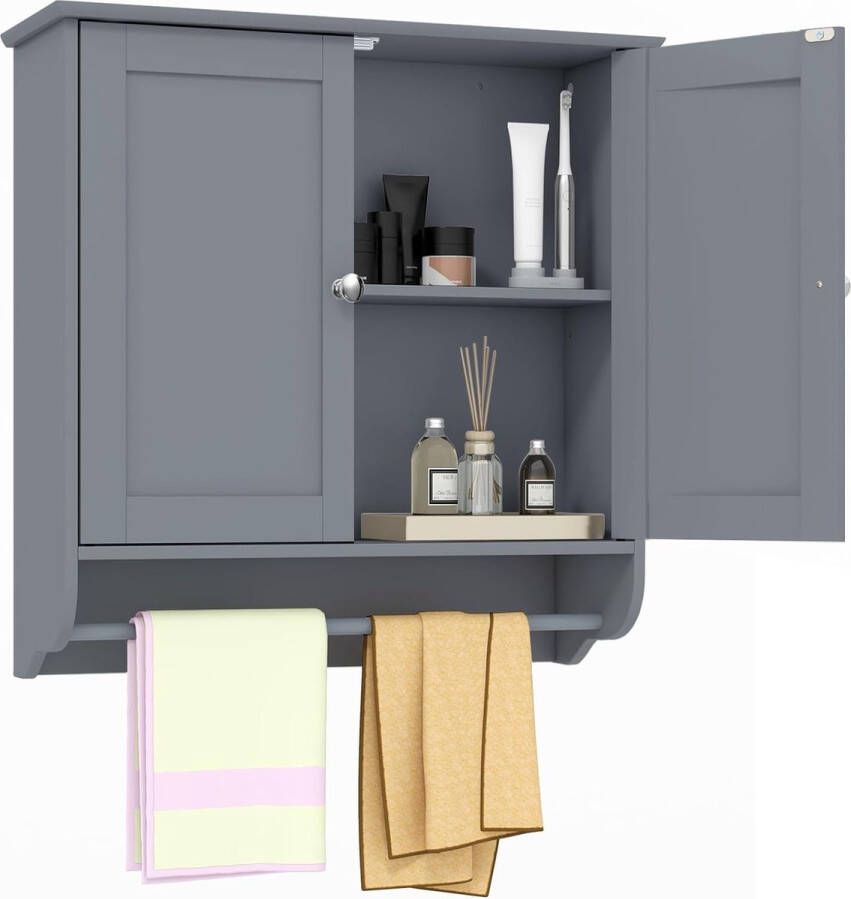 Badkamerkast hangend badkamerkast met handdoekhouder houten hangkast medicijnkast wandkast voor badkamer 60 x 21 x 61 cm (grijs)