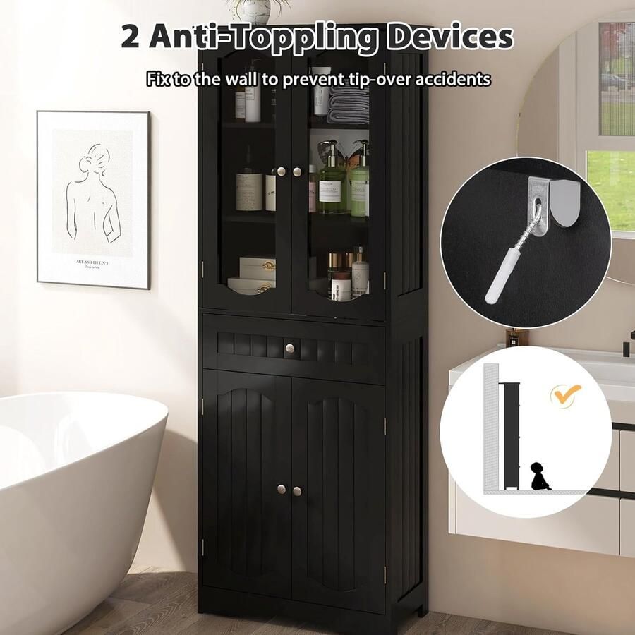 Badkamerkast Hoge kast met lade 4 deuren en verstelbare zeewier 60 x 30 x 160 cm Opbergmeubel voor badkamer gang keuken en woonkamer (zwart)