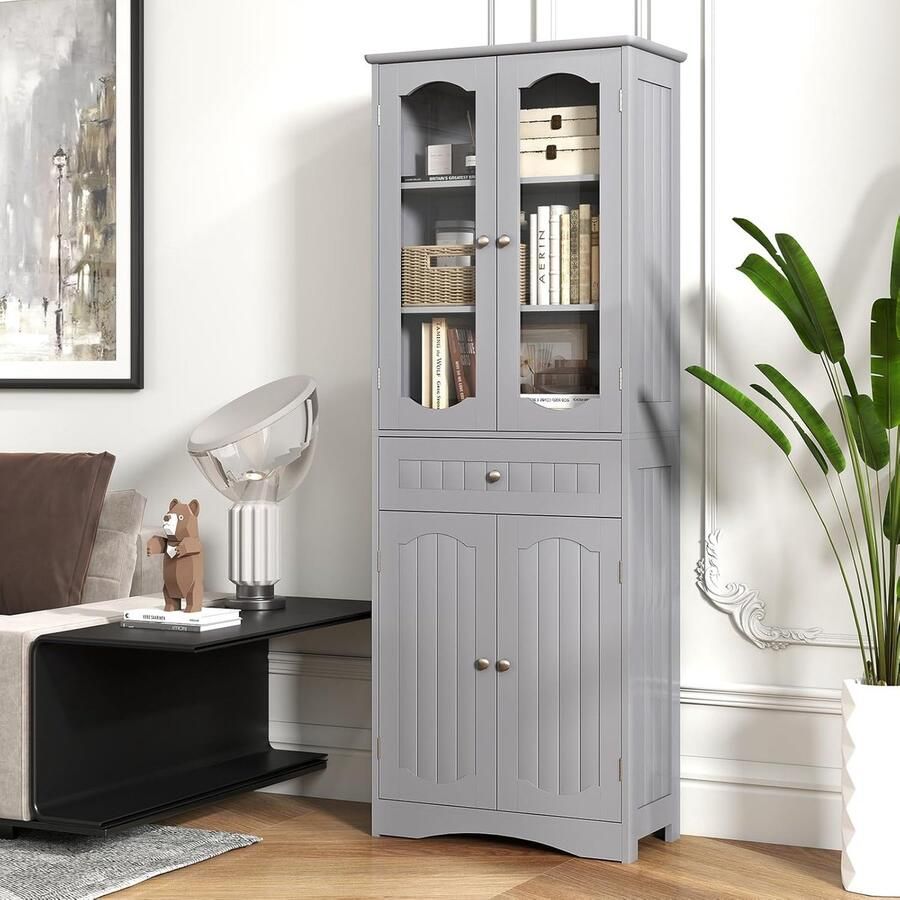 Badkamerkast Hoge kast met lade 4 deuren en verstelbare zeewierlade 60 x 30 x 160 cm Opbergmeubel voor badkamer gang keuken en woonkamer (grijs)