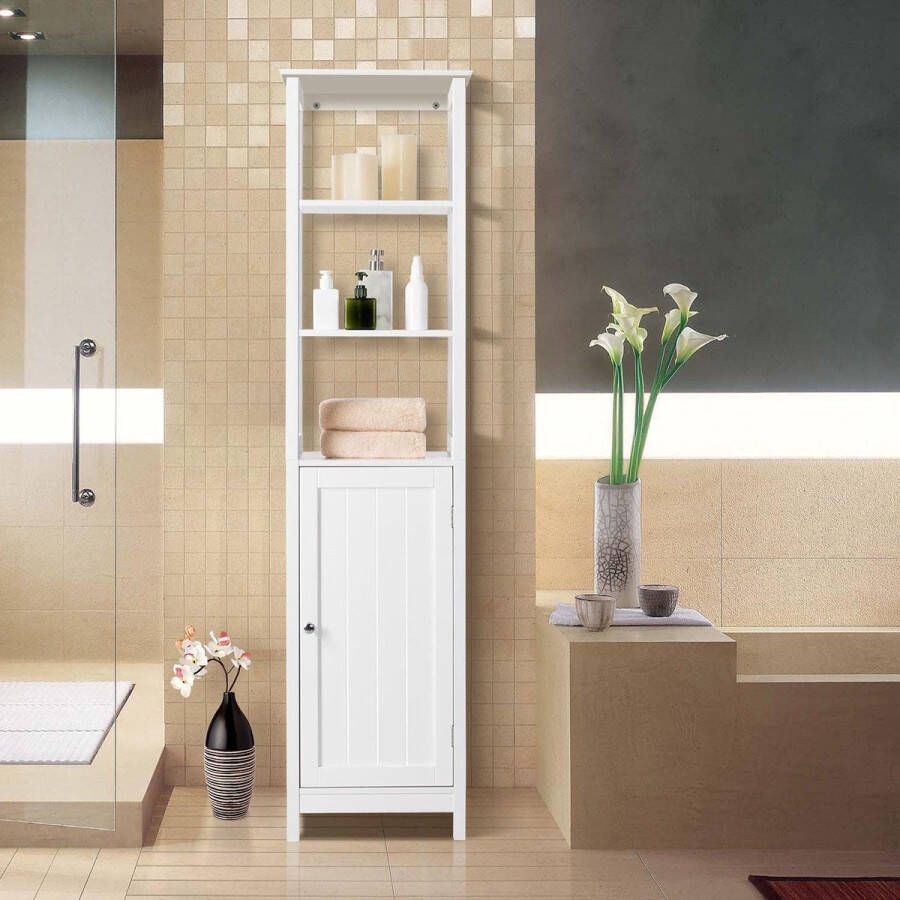 Badkamerkast hoge kast smalle hoekkast opslag van badkameraccessoires met deur en planken 40 × 32 × 160 cm wit gelakt badkamermeubel van hout