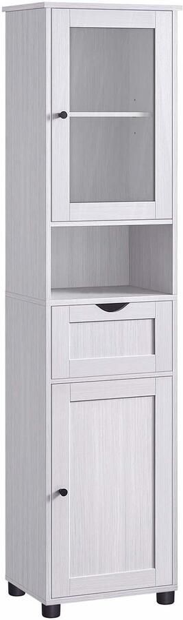 Opbergkast Badkamerkast Woonkamerkast Multifunctioneel Opbergmeubel Kolomopbergkast met 1 glazen deur 1 open vak 1 lade en 1 houten deur stevige houten constructie stijlvolle landelijke stijl 40 x 30 x 165 cm wit