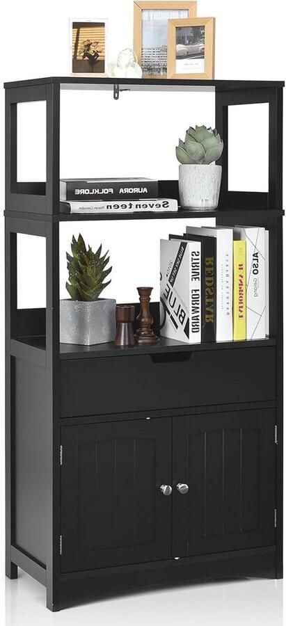 Badkamerkast met 4 niveaus en lade Multifunctioneel houten staand rek voor badkamer