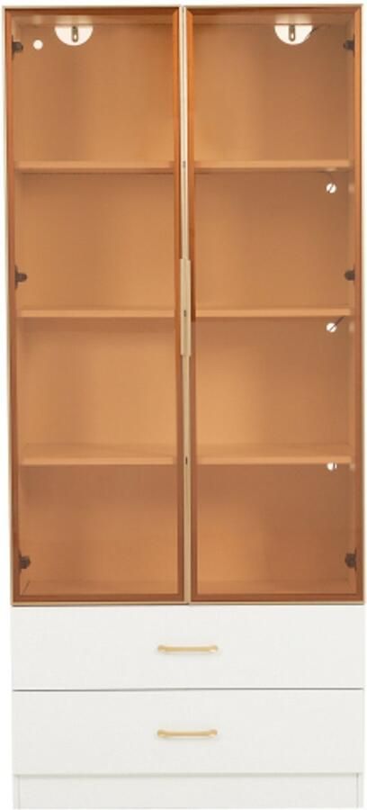 GOTAGEE Badkamerkast middelgroot met lichtlijst 75 cm breed met 2 grote lades en 2 deuren glazen deur Vitrinekast