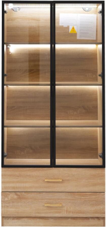 GOTAGEE Badkamerkast middelgroot met lichtlijst 75 cm breed met 2 grote lades en 2 deuren glazen deur Vitrinekast