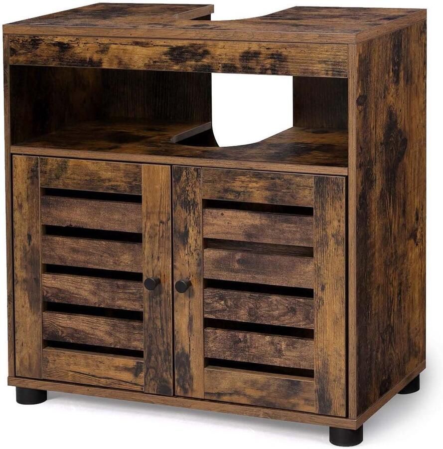 Badkamerkast Onderkast Opbergmeubel met Lameldeuren en Verstelbare Plank 60x30x63 cm Bruin Modern Minimalistisch Ontwerp Grote Opslagcapaciteit Voor Badkamer