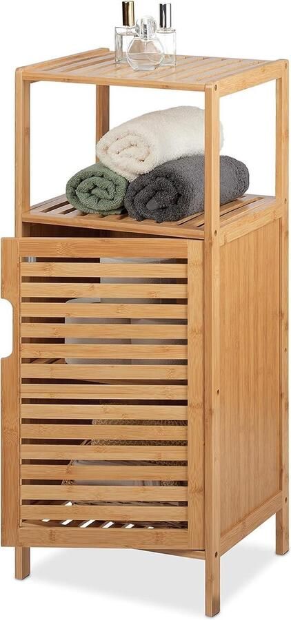 Badkamerkasten hoog Bamboe HxBxD 87 x 365 x 33 cm Smal Badkamerrek met deur 2 plankjes Handdoekenkast Naturel badkamerkasten hoog