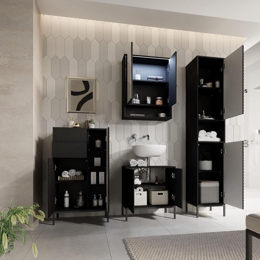 Badkamerkasten hoog Berlijn- zwart moderne stijl veel opbergruimte houtmateriaal 38 x 197 x 32 cm badkamerkasten hoog