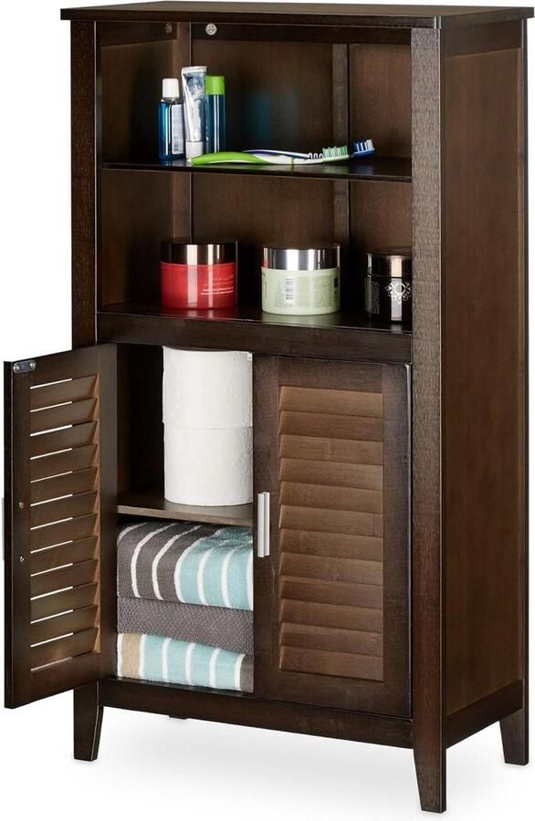 Badkamerkasten hoog LAMELL opbergkast van bamboe HxBxD 92x50x255 cm staande handdoekenkast hal donkerbruin badkamerkasten hoog