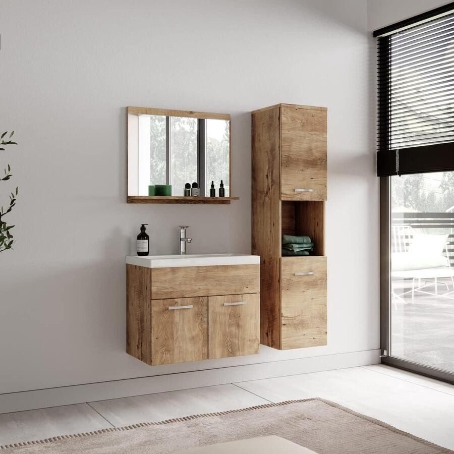 Badkamerkasten hoog Montreal 131 cm eiken kastanje plank hoge kast meubel badkamerkast badkamerkasten hoog