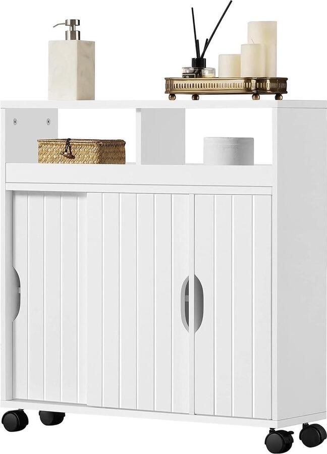 Badkamerkasten hoog Nis- en zij- badkamerkast Badkamertrolley Staande kast Onderkast met schuifdeuren Wielen Hal badkamer Wit MDF-hout 695 x 20 x 715 cm badkamerkasten hoog