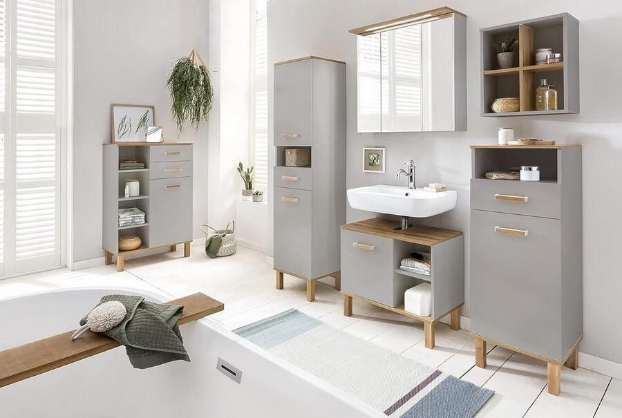 Badkamerkasten hoog Padua hoge kast 148832 platingrijs eiken landhuisdecoratie 404 x 350 x 1785 cm B-D-H badkamerkasten hoog