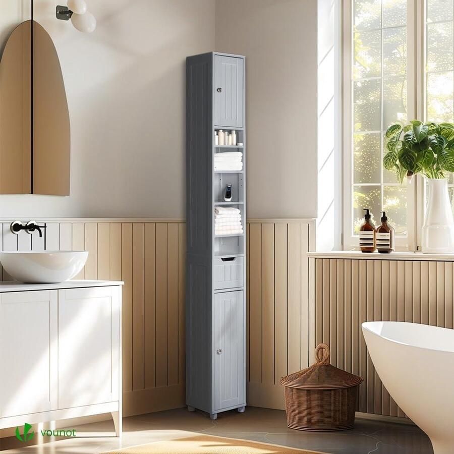 Badkamerkasten hoog Ruimtebesparende zuilkast Hoge kast met deuren en lade Grijs 20x20x180 cm badkamerkasten hoog