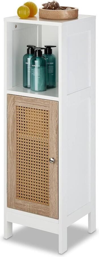Badkamerkasten hoog Smalle badkamerkast 3 vakken staand HxBxD 965 x 30 x 30 cm Rotan deur Wit natuur badkamerkasten hoog
