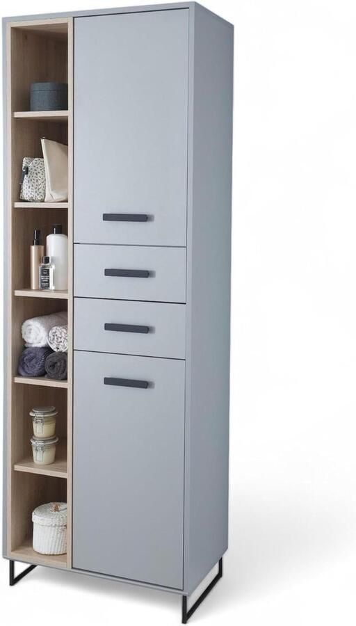 Badkamerkasten hoog Tunis Hoge badkamerkast grijs eiken sonoma-look opbergruimte houtmateriaal 65 x 185 x 38 cm badkamerkasten hoog