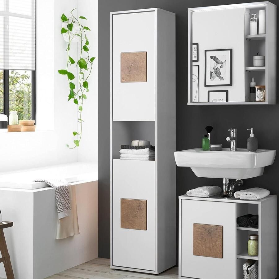 Badkamerkasten hoog wit houten applicaties opbergruimte 40 x 190 x 30 cm badkamerkasten hoog