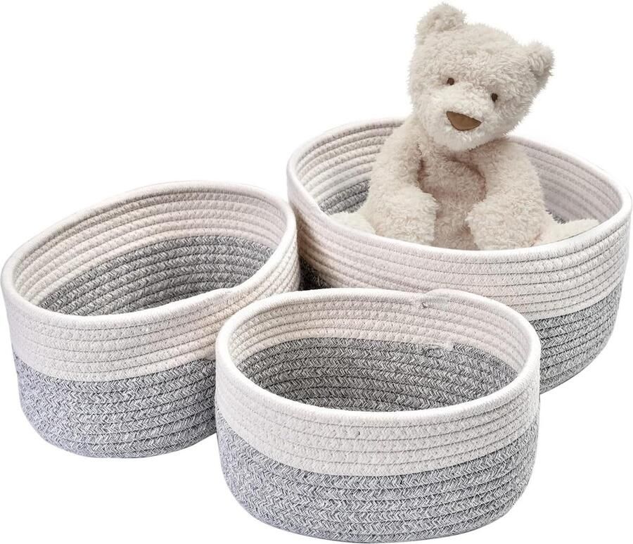 Badkamermanden set van 3 Opbergmanden voor rekken kasten onderbed Kleding speelgoed opbergmanden van katoenen touw (wit en grijs) Wicker Storage Basket (2-5)