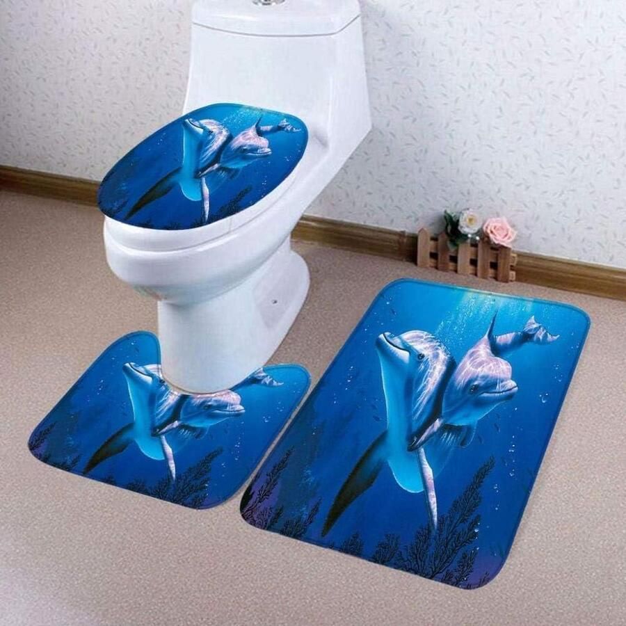 Badkamermatten Blauwe dolfijn 3-delige badmatset toiletstoelhoes -mat U-vormig tapijt mat