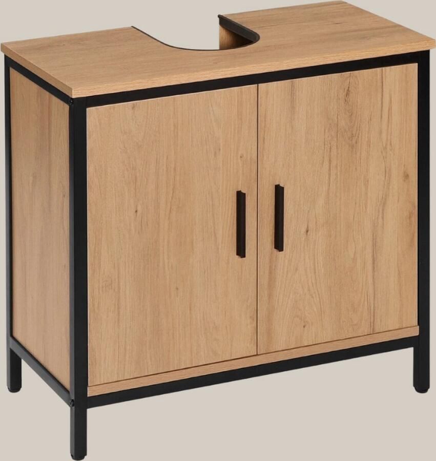 Badkamermeubel- Industrieel zwart Licht eiken Wastafelkast onderkast Badkamerkast Uitsparing 60x60x30 cm