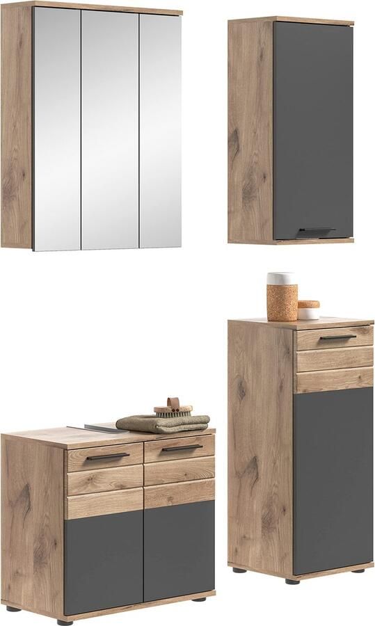 Rootz Living Rootz Badkamermeubelset 4-delige houtset Basaltgrijs front Nox eikenhouten body 112 cm x 34 cm Tijdloos design Modulair systeem