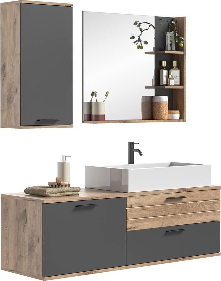 Rootz Living Rootz Badkamermeubelset Houtmateriaal Basaltgrijs Replica Nox Eiken Replica 140cm x 48cm Tijdloos Design Ruimtebesparend FSC Gecertificeerd