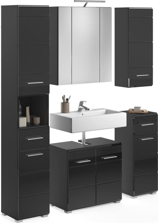 Rootz Living Rootz Badkamermeubelset Linus Collectie Zwart Hoogglans 5-delige Badset Inclusief Verlichting Modern Design 120cm x 70cm x 50cm