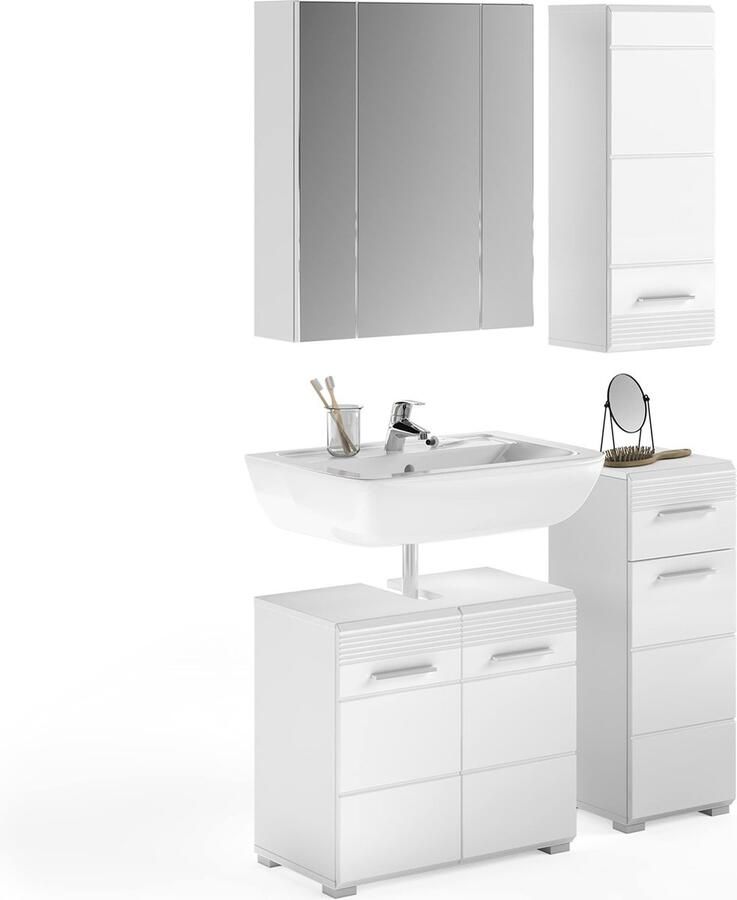 Rootz Living Rootz Badkamermeubelset Materiaal hout Wit glanzende afwerking Tijdloos design Modulair FSC-gecertificeerd Wastafelkast spiegelkast wandkast ladekast Gemakkelijk te onderhouden 4-delig