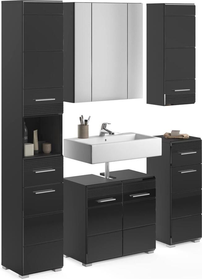 Rootz Living Rootz Badkamermeubelset Vanity Set Badensemble Zwart Hoogglans 5-delige set Stijlvol design 120cm x 50cm x 90cm