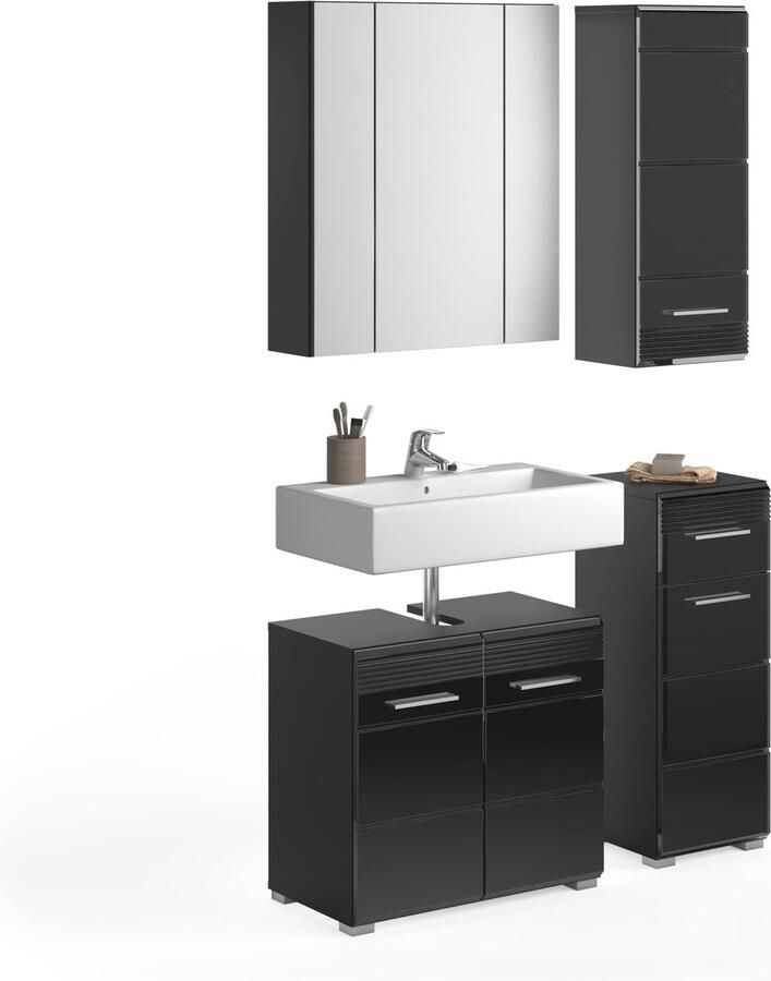 Rootz Living Rootz Badkamermeubelset Zwart Hoogglans Bijpassende Badkamerset 4-delige set Strak design 60cm x 45cm x 90cm