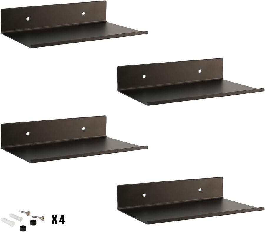 Badkamerplanken muur 4 stuks 20 cm wandplank zwart metaal metalen plank hangend zwevende planken met gat en schroeven voor Funko popfiguren collecties planten decoratie