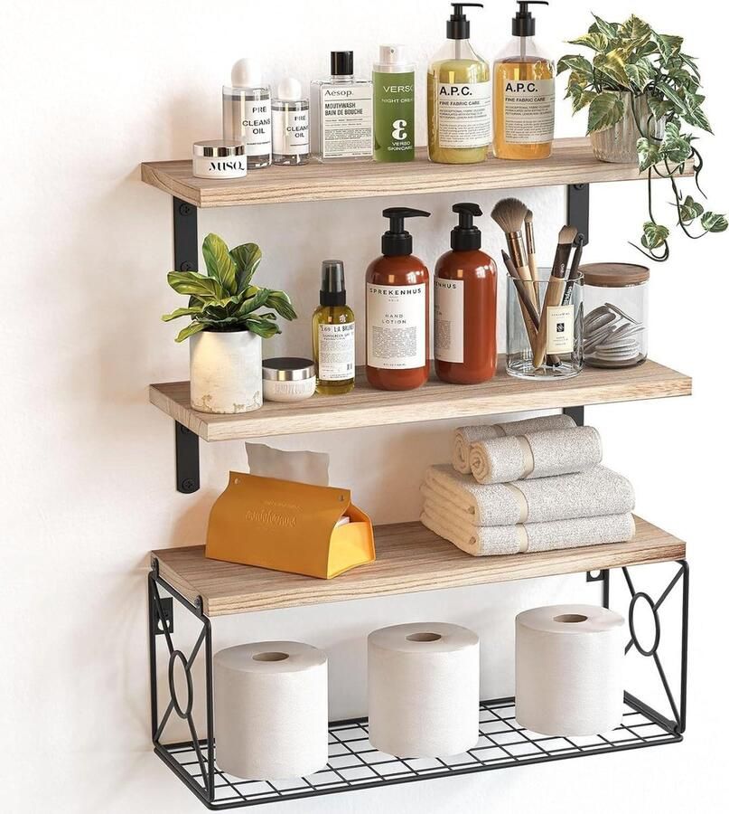 Zwevende planken Draadopslag mand Paulownia hout Huisorganisatie Wanddecoratie Badkamer Keuken Woonkamer Kantoor Set van 3+1 Natuurlijk