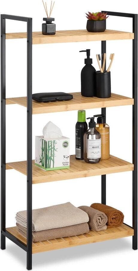 Relaxdays boekenrek bamboe 4 etages universeel opbergrek badkamerrek keukenrek hout