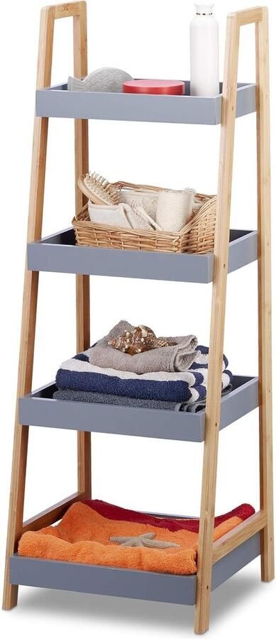 Badkamerrek bamboe 4 etages 98 x 36 x 345 cm Staand keukenrek grijs Ruime badkamerkast