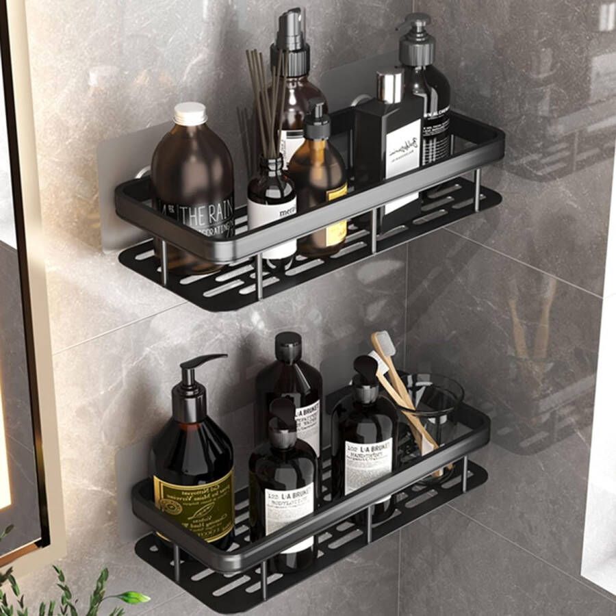 Badkamerrek wandrek badkamer plank douchemand badkamer organizer doucheplank plank voor badkamer Black (Pack of 2)