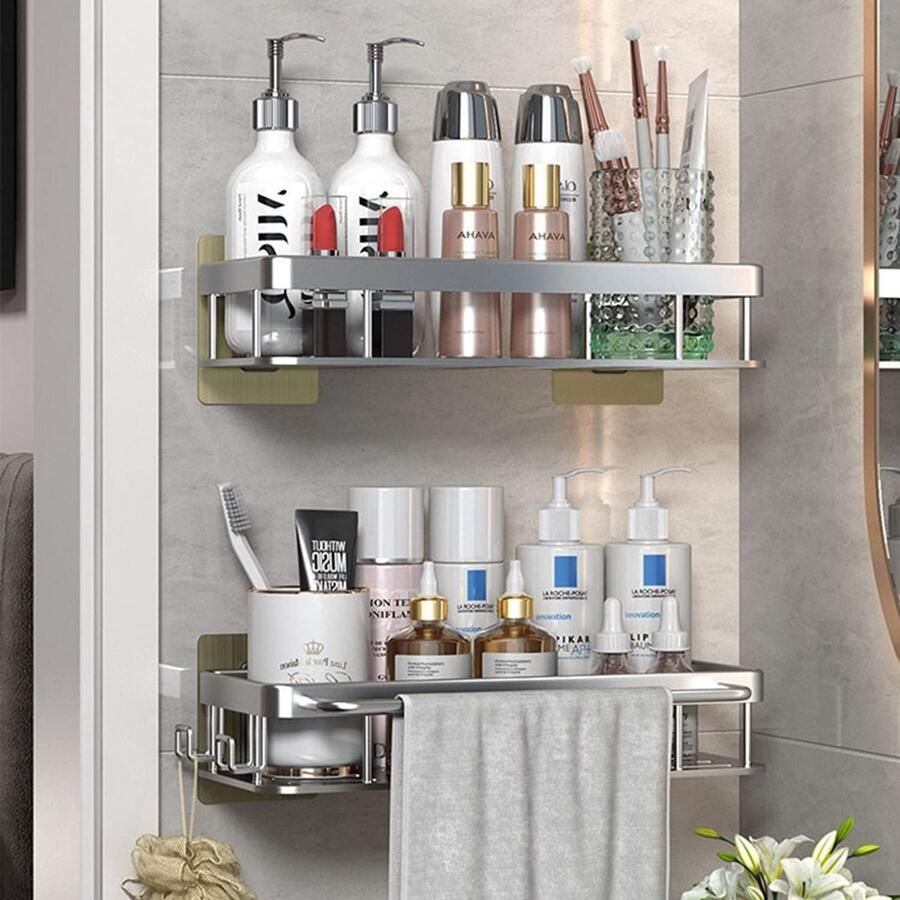 Badkamerrek wandrek badkamer plank douchemand badkamer organizer doucheplank plank voor badkamer 2 Pieces (Silver)