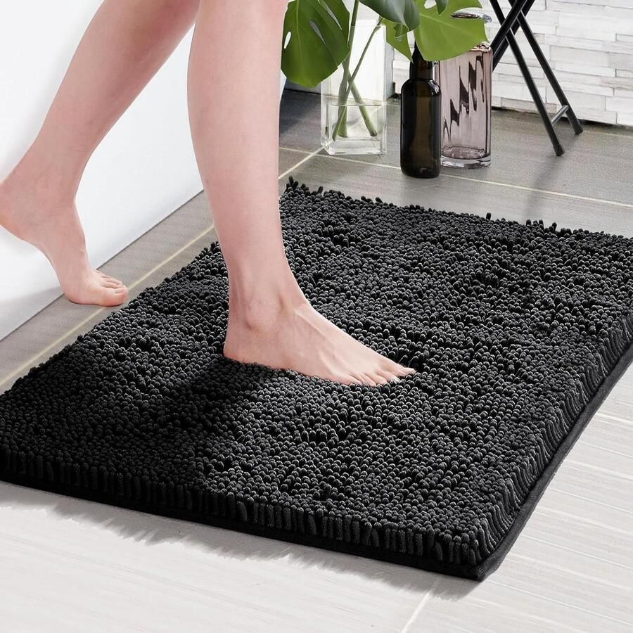 Badmat Antislip Zwart Waterabsorberend Ultra-zachte Badkamer-Douche Vloerkleden 3cm Chenille Mat Badkamer met Rubberen Achterkant 70 x 120cm 1 Stuk