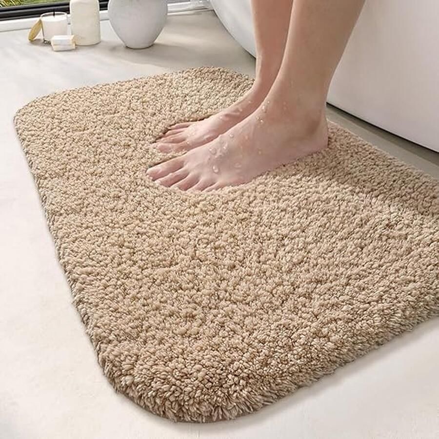 Badmat van microvezel extra zacht absorberend antislip pluizig hoogpolig machinewasbaar badmat voor badkamer badkuip douche 60 x 110 cm beige