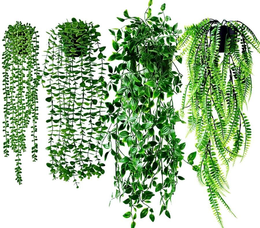 Bafenli 4-pack kunstmatige hangplanten met potten kunstplanten klimplanten kunstplanten hangende plastic hangplanten voor thuis kamer wandplank badkamer kantoor binnen- en buitendecoratie