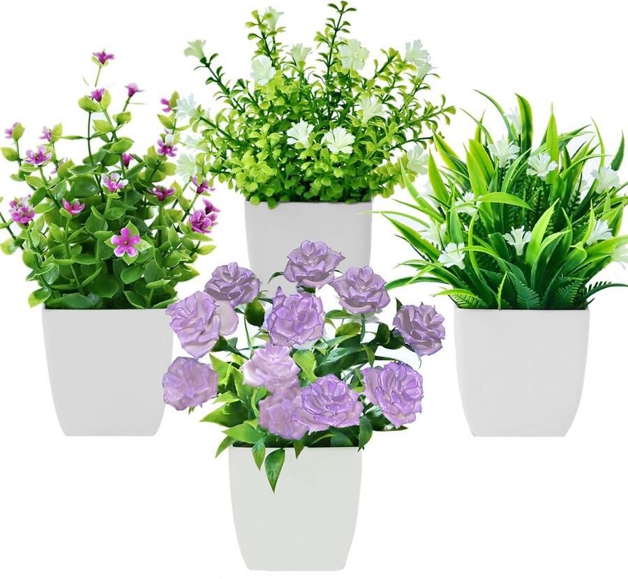 Bafenli 4 stuks mini kunstplanten met pot kleine nepplanten met bloemen voor thuis kantoor tafel kamer badkamer decoratie binnen