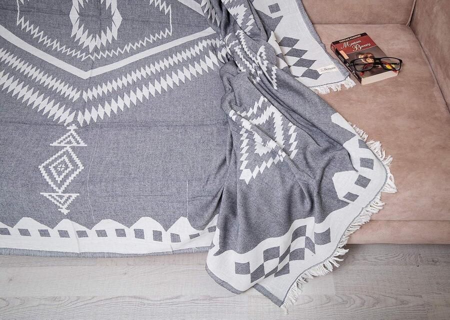 Bahamas XXL Deken Turkse Handdoek Peshtemal Hoes voor Bed en Bank Aztec Design OEKO-TEX 100% Katoen 75 x 90 Inches Zwart