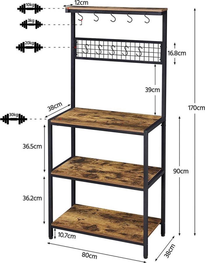 Bakkersrek keukenrek 3 planken van hout staand rek met metalen frame magnetronrek 10 haken opbergrek industriële stijl vintage