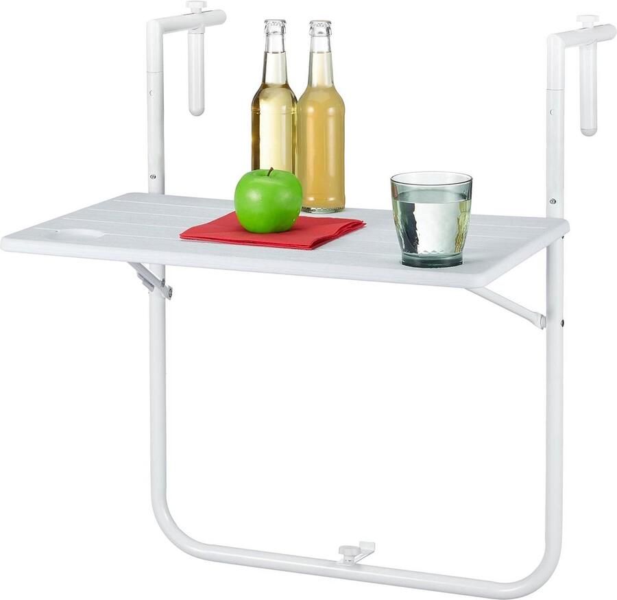 Balkontafel inklapbaar verstelbaar in 3 hoogtes hangend kunststof met houtlook wit outdoor terrasmeubel bijzettafel buiten