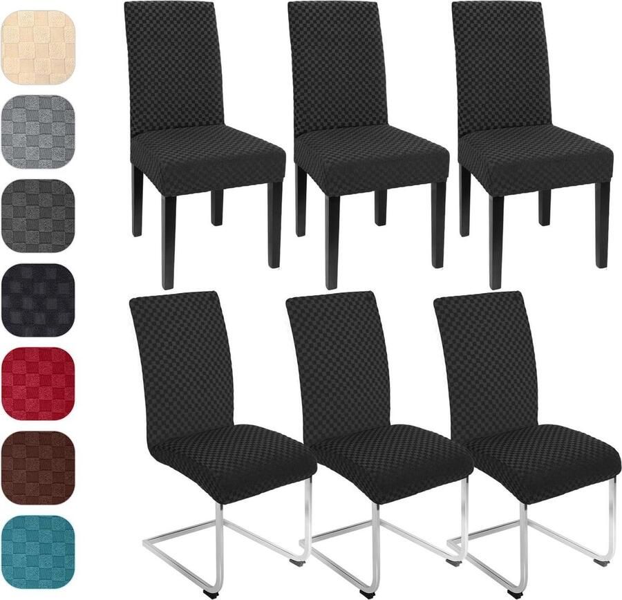BalladHome Stoelhoezen stretch elastisch moderne jacquard set van 6 zwart
