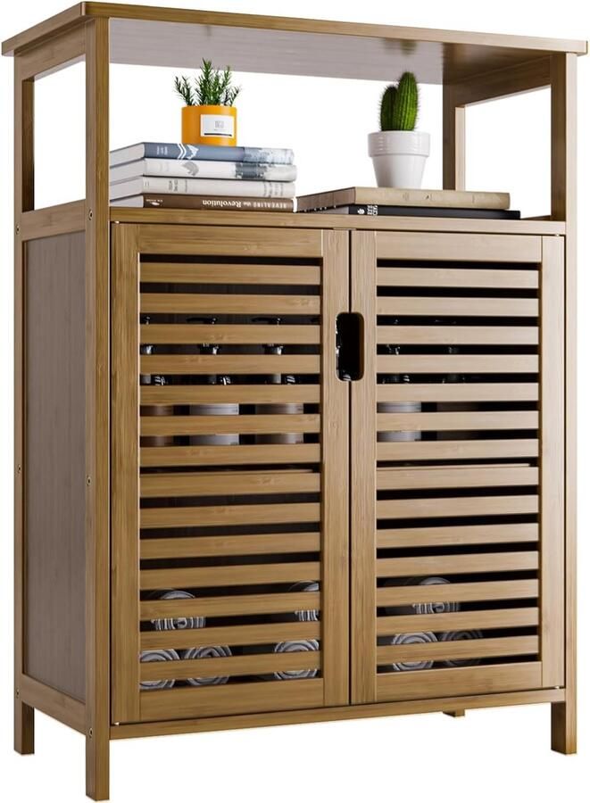 Bamboe Badkamer Opbergkast Vloer Staande Keukenkast Organisator met 2 Deuren en Open Planken Walnoot